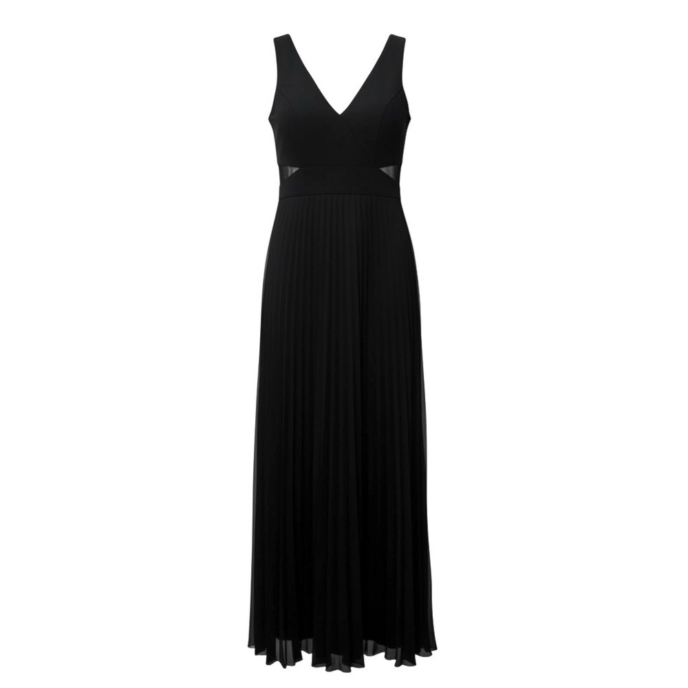 XSCAPE Black Pleated Chiffon Evening Gown – Padded Bodice, Sheer Cutouts, Size 6